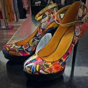 One of a kind, custom graffiti decoupage pumps